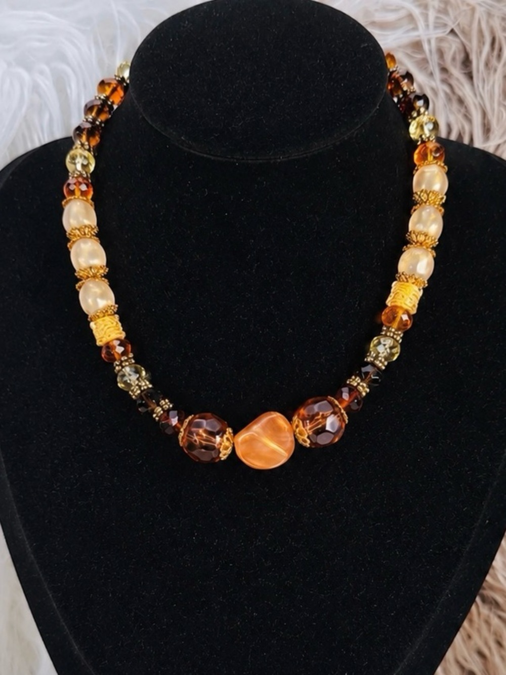 Vintage bohemian chic Goldtone Accented Orange Glass / Other Beaded Necklace